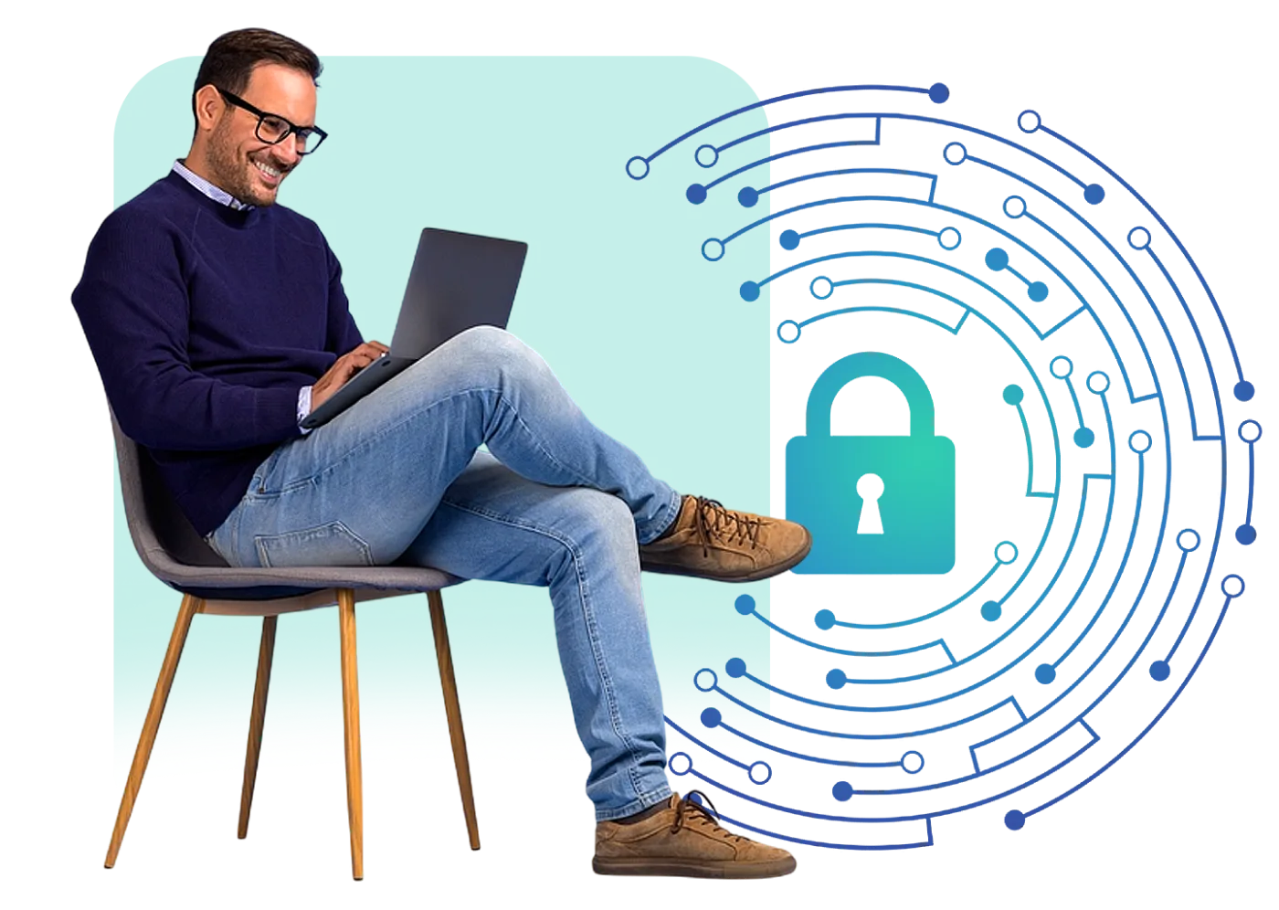 IT professional working on a laptop beside a security lock graphic
